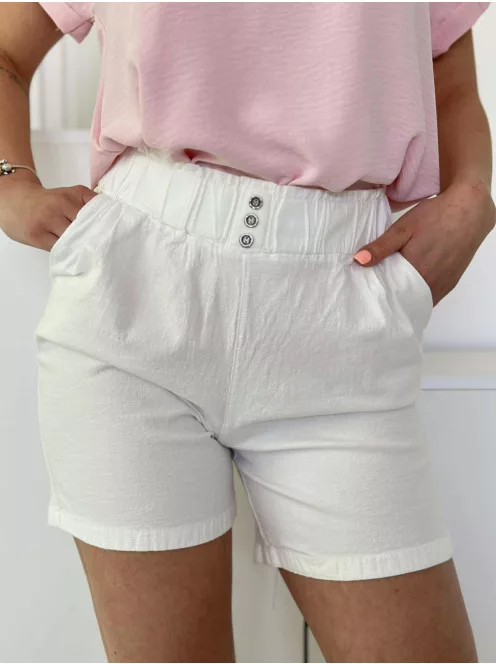 Rugalmas anyagú, lenvászon hatású, magas, gumis derekú, zsebes rövidnadrág. A modell S/M méretet visel. (S-XXL méretekben)