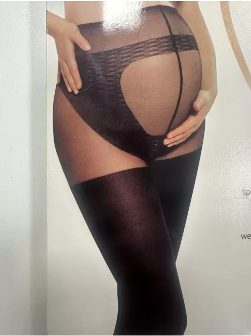 Terhes nők számára kifejlesztett harisnya, a növekvő hasat tartó különleges szerkezetű nadrágrésszel, amely különösen rugalmas Lycra Satin Sheers fonalból készült.