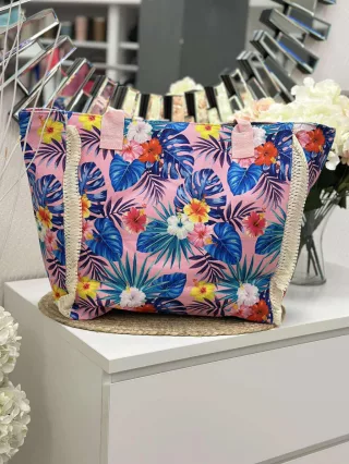   Nagyméretű, cipzáras, mintás, nyári vászon shopper táska. Méretek: 54 x 37 x 17 cm.