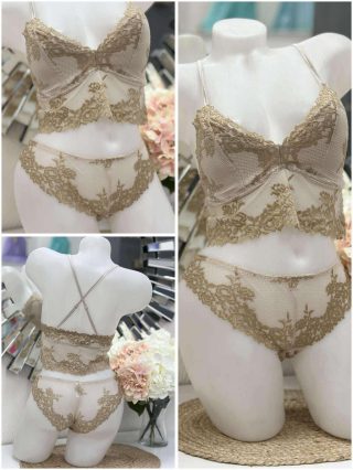   Csinos, rugalmas anyagú, csipkés, fehérnemű szett. Kivehető szivacsbetétes, keresztpántos bralette, brazil fazonú bugyival. S-XL méretekben.
