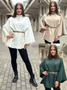 Szövet hatású, lenge fazonú, béleletlen, nem rugalmas anyagú, gombos, vékony, átmeneti poncsó övvel. (S-XL méretre ajánljuk.)