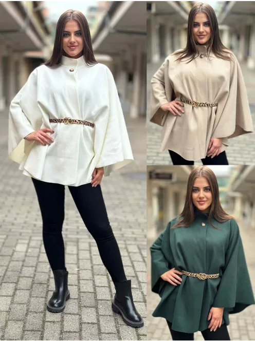 Szövet hatású, lenge fazonú, béleletlen, nem rugalmas anyagú, gombos, vékony, átmeneti poncsó övvel. (S-XL méretre ajánljuk.)